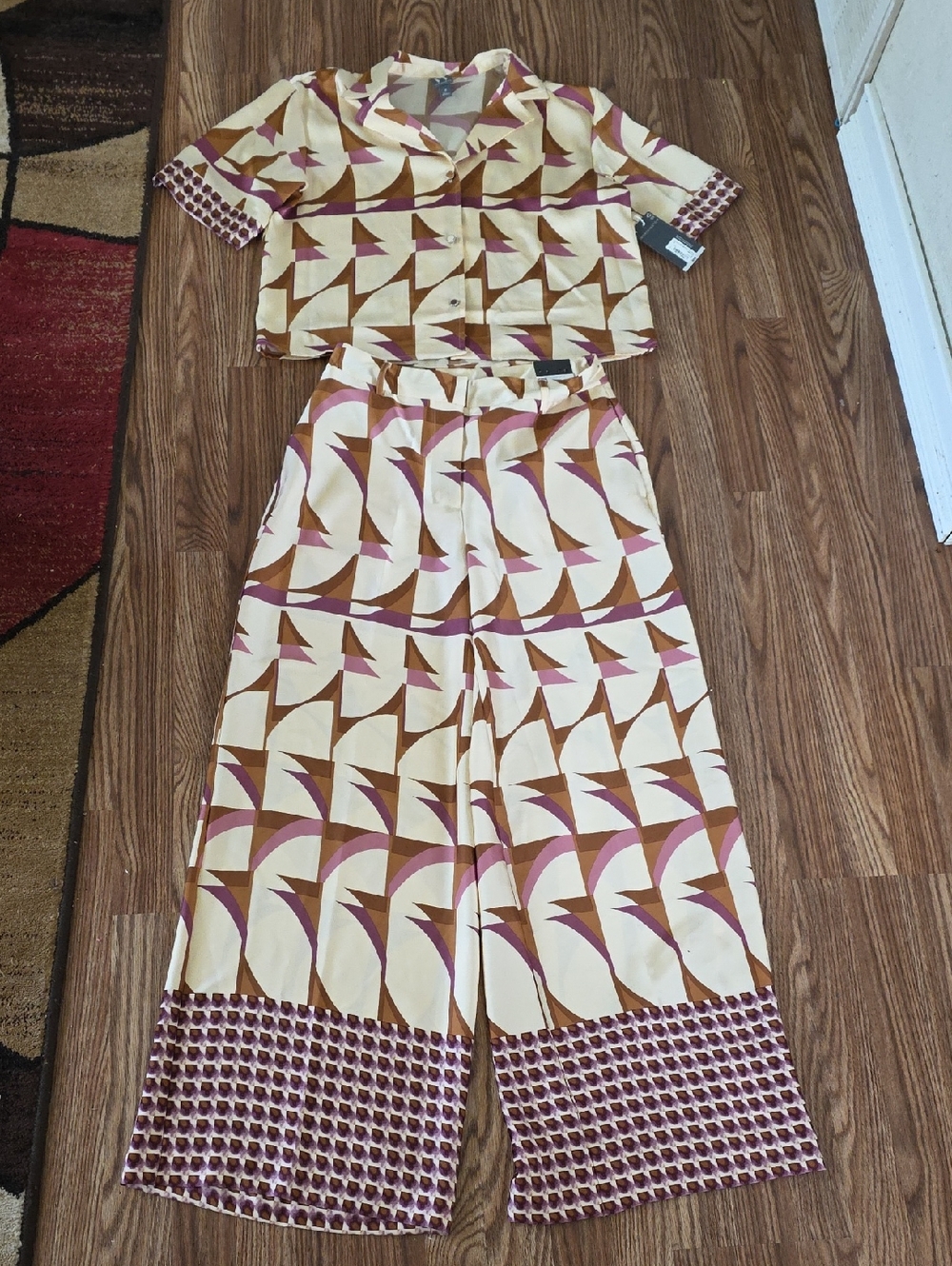 Worthington Geometric Crop Top & Wide Leg Pant Set - Cream, Brown & Pink